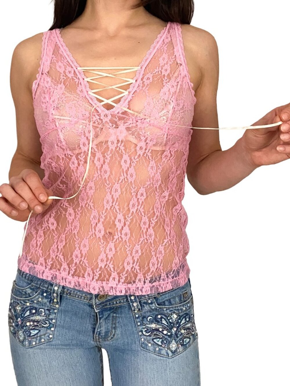 Baby pink lace tank top with a lace up front